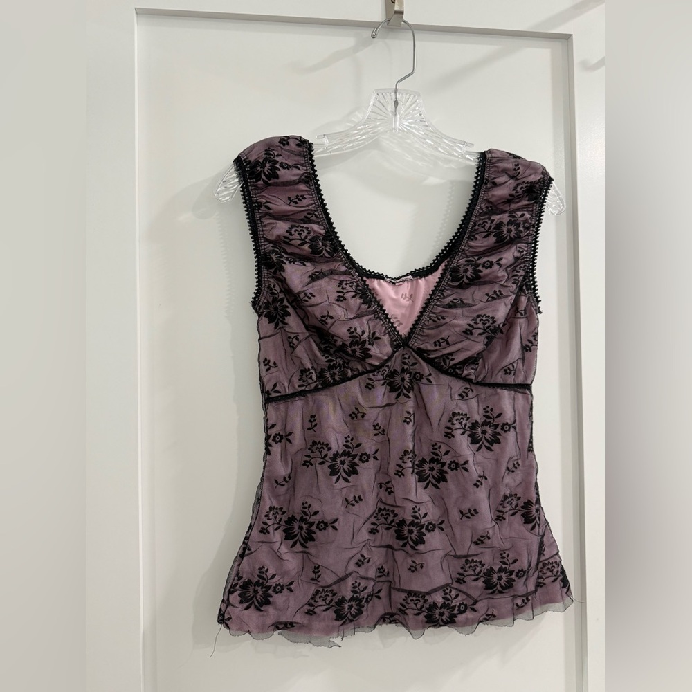 Brand Tag Cut Out pink v neck sleeveless top w/ black mesh + flocked flowers